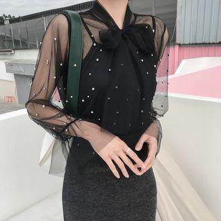 Set: Faux Pearl Tie-neck Mesh Top + Camisole