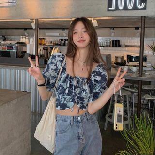 Puff-sleeve Print Drawstring Cropped Blouse Blue - One Size