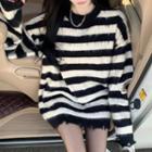 Round-neck Striped Ripped Oversize Sweater Stripes - Black & White - One Size