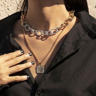 Rose Pendant Alloy Layered Necklace 1569 - Silver & Gold - One Size