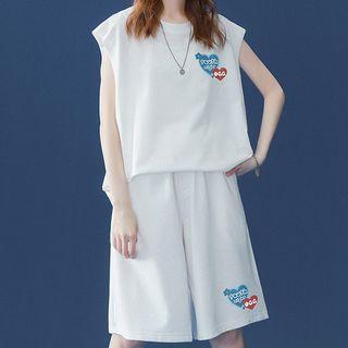 Set: Heart Embroidered Tank Top + Sweatshorts