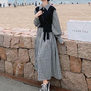 Set: Puff-sleeve Plaid Shirtdress + Vest