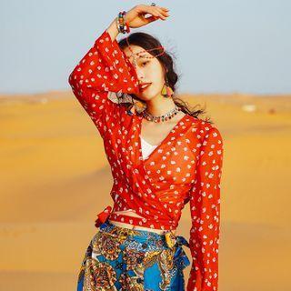 Set: Flare-sleeve Floral Print Top + Maxi Skirt
