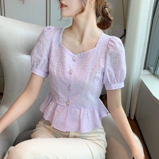 Short-sleeve Perforated Ruffle Trim Blouse