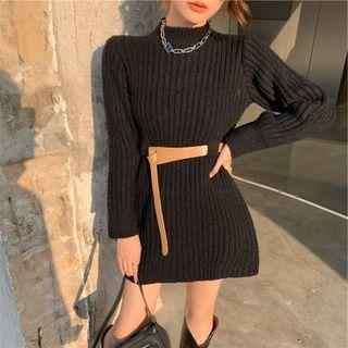 Mock-neck Knit Mini Dress With Belt