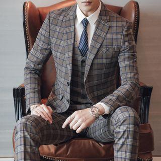 Set: Plaid Button-up Blazer + Vest + Dress Pants