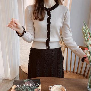 Frilled-detail Contrast-trim Cardigan Beige - One Size