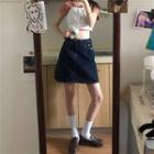 Short-sleeve Dotted Top / Spaghetti Strap Top / Mini Skirt