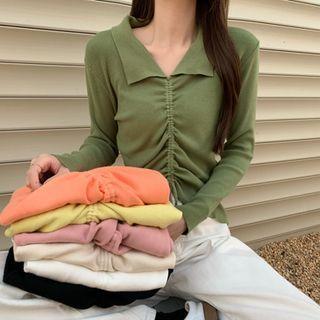 Polo-neck Drawstring Knit Top