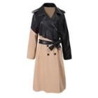 Faux Leather Panel Long Coat Khaki & Black - One Size