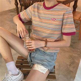 Striped Embroidered Short-sleeve T-shirt As Shown In Figure - One Size