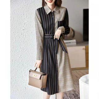 Striped Plaid Panel Midi A-line Shirtdress