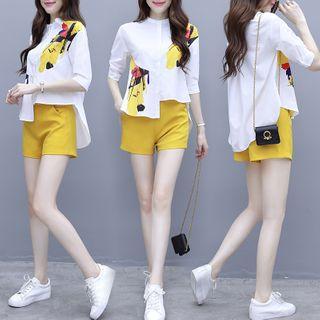 Set: Elbow-sleeve Print Panel Blouse + Shorts