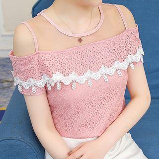 Mesh Panel Cut Out Shoulder Short Sleeve Lace Top