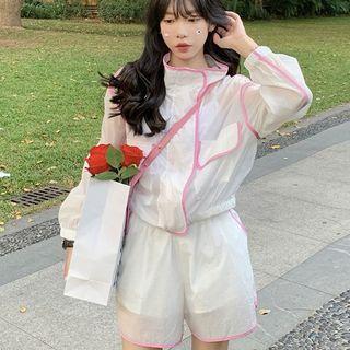 Set: Contrast Trim Zip-up Jacket + Shorts
