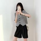 V-neck Plaid Two Tone Button-up Cropped Blouse As Shown In Figure - One Size
