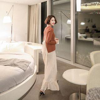Set: Tie-back Knit Top + Spaghetti-strap Long Dress
