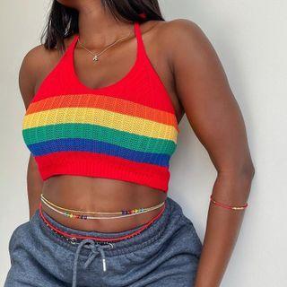 Color Panel Knit Cropped Halter Top