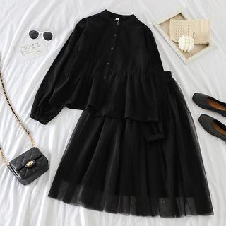 Long-sleeve Ruffled Plain Shirt / High-waist Sheer A-line Skirt