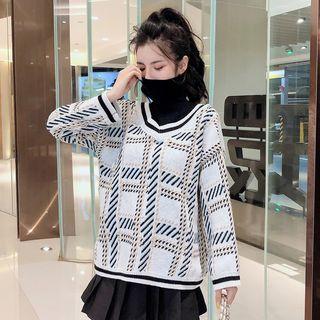 Turtleneck Mock Two-piece Plaid Sweater
