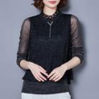 Lace Panel Stand Collar Long-sleeve Top
