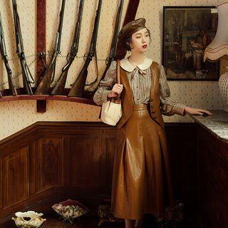 Faux-leather Vest / Midi A-line Skirt