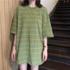 Striped Elbow-sleeve T-shirt Green - One Size