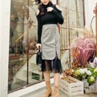 Set: Turtleneck Cold-shoulder Knit Top + Mesh Panel Midi Plaid A-line Skirt