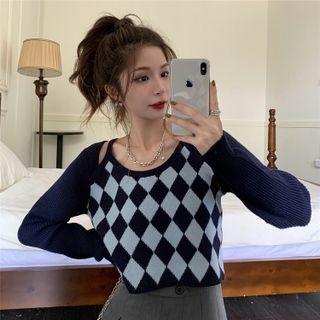 Mock Two-piece Argyle Panel Knit Top