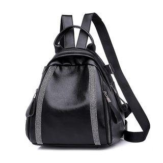 Rhinestone Faux Leather Backpack Black - One Size