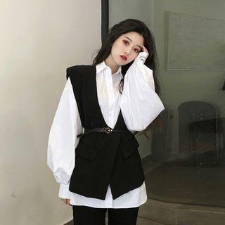 Long-sleeve Plain Shirt + Sleeveless Vest