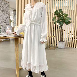 Lace Panel Long-sleeve Midi A-line Dress White - One Size