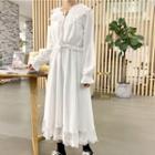 Lace Panel Long-sleeve Midi A-line Dress White - One Size