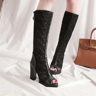 Lace Panel Peep Toe Knee High Boots