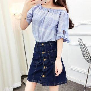 Set: Striped Off Shoulder Elbow Sleeve Top + Buttoned Denim Skirt