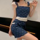 Lace Trim Heart Print Denim Camisole Top / A-line Denim Skirt