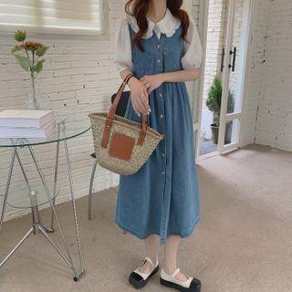 Set: Short-sleeve Plain Blouse + Denim Midi Overall Dress