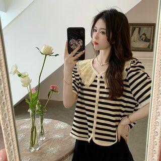 Short-sleeve Frill Trim Striped Top