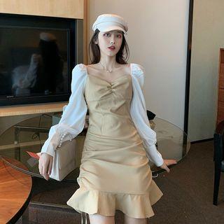 Two-tone Ruffle Hem Long-sleeve Mini A-line Dress