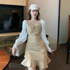 Two-tone Ruffle Hem Long-sleeve Mini A-line Dress