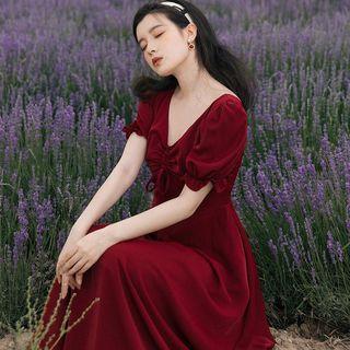 V-neck Plain Lace-up A-line Dress