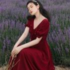 V-neck Plain Lace-up A-line Dress
