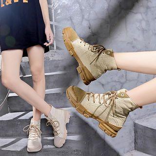 Canvas Faux Suede Panel Lace Up Short Boots