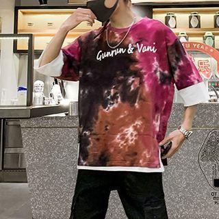 Mock Two-piece 3/4-sleeve Tie Dye Letter T-shirt