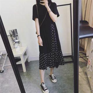 Short-sleeve Dotted Panel Midi A-line Dress