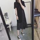 Short-sleeve Dotted Panel Midi A-line Dress