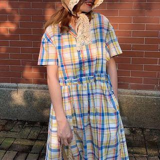 Short-sleeve Plaid A-line Dress As Shown In Figure - One Size