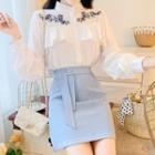 Long-sleeve Floral Embroidered Ruffled Blouse / A-line Mini Skirt / Set