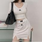 Crescent Embroidered Long-sleeve Cropped Top / Mini Pencil Skirt