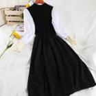 Mock-neck Two-tone Knit Midi A-line Dress Black - One Size
